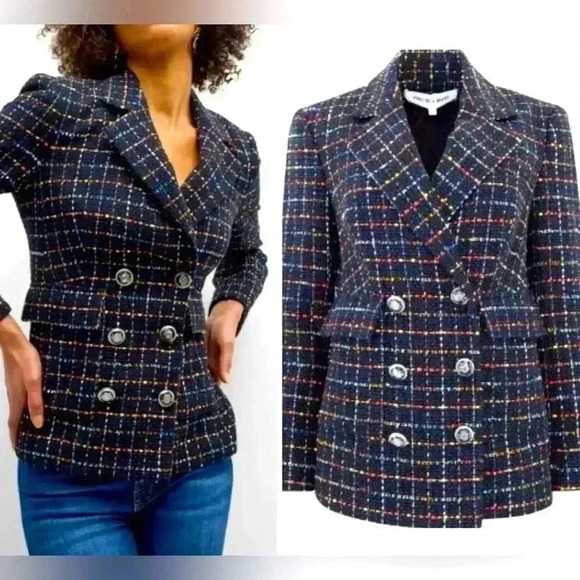 Veronica Beard Rumer Dickey Blazer Jacket 10 Tweed Double Breasted Navy Check - Picture 1 of 16